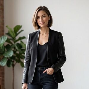 NWT Lamarque Sz (38) M Bi Material Leather Black Classic Blazer